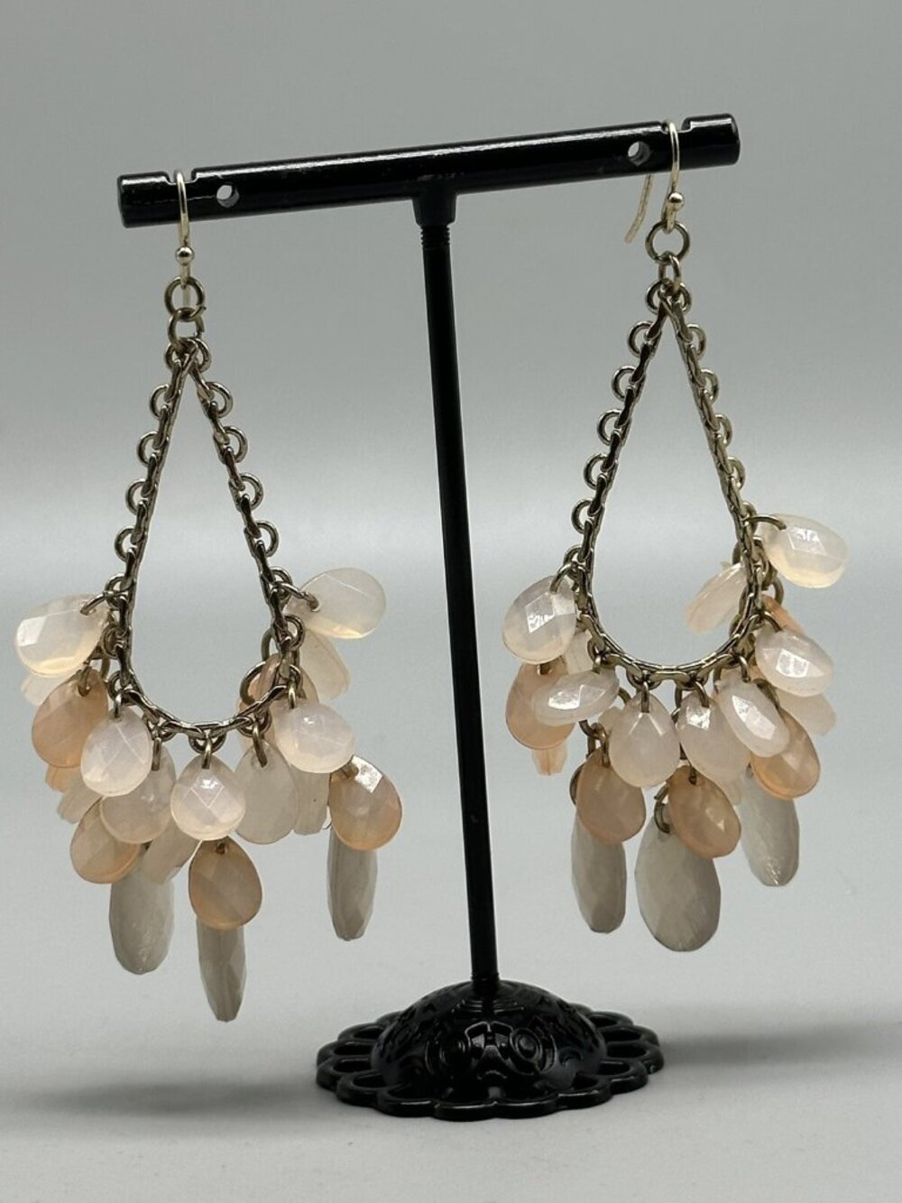 3/$30 Teardrop Chandelier Earrings Gold Peach Beige Beaded Dangle Drop Pierced